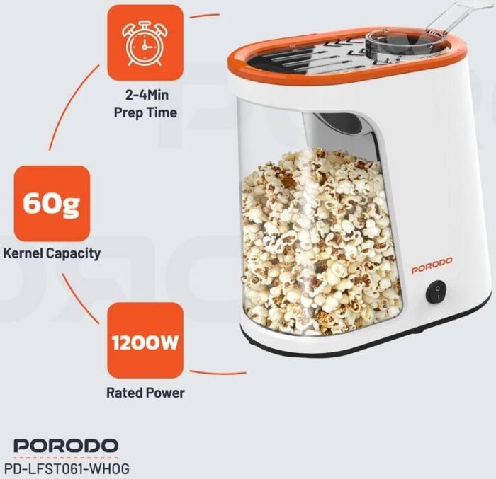 Porodo Lifetsyle 1200W  Detachable Tank Popcorn Maker - White and  Orange - Image 2