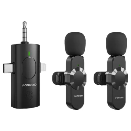 Porodo 3 In 1 Lavalier  Microphone - Type-C + Lightening + Aux - Black
