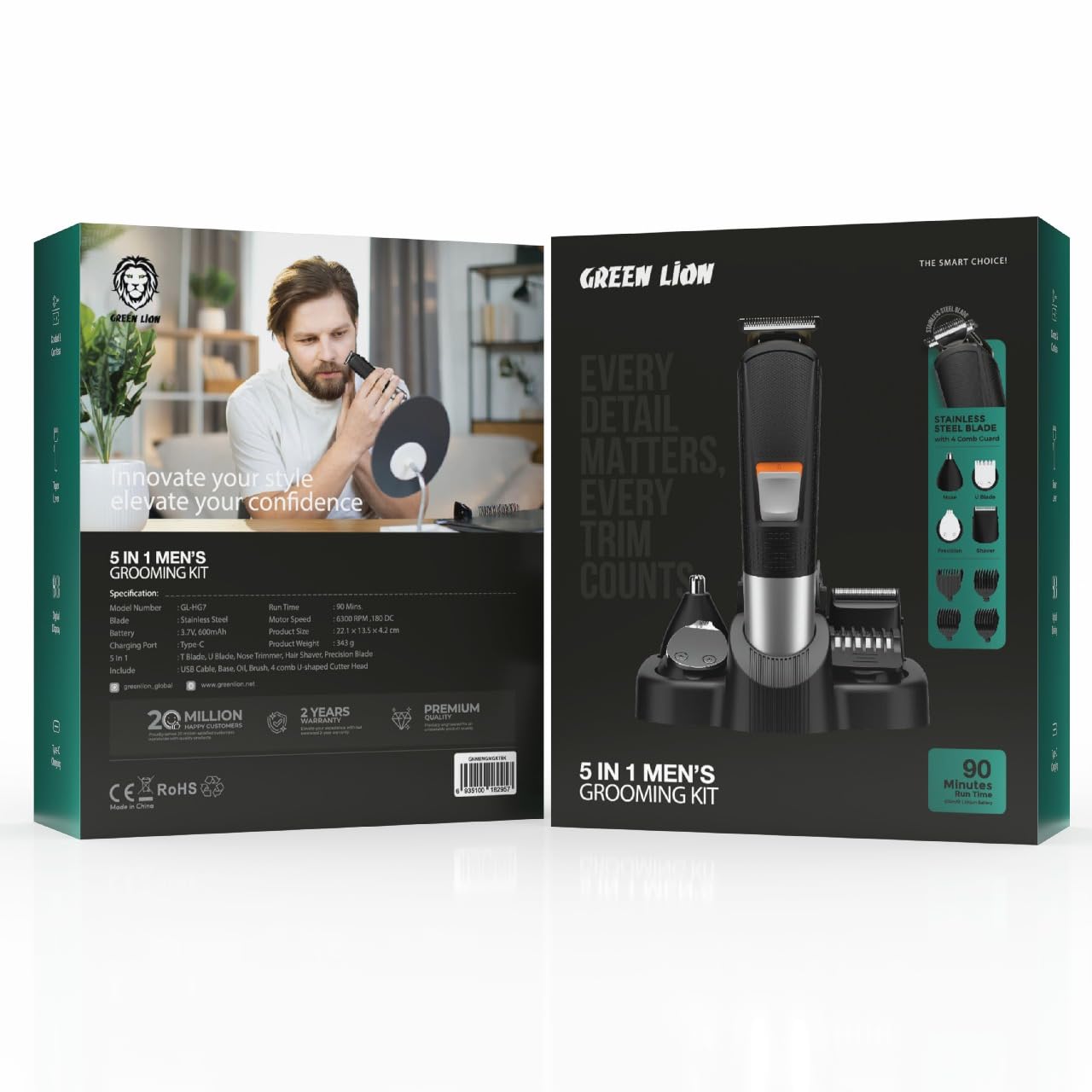 61MeyuhHiVL grooming 1 Green Lion 5 In 1 Men's Grooming Kit, 600mAh Battery, Type-C Charging. 90Min Charging Time - Image 1