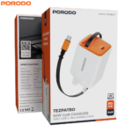 Porodo Tezpatro 65W GaN Charger | USB-C Retractable Cable - (PDFWCH105WH)