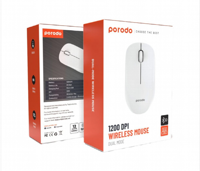 _7159711_vk9fsbH4MCxr3GbphiDA Porodo 2.4G WIRELESS BLUETOOTH Rechargeable MOUSE 1200 DPI-White - Image 1