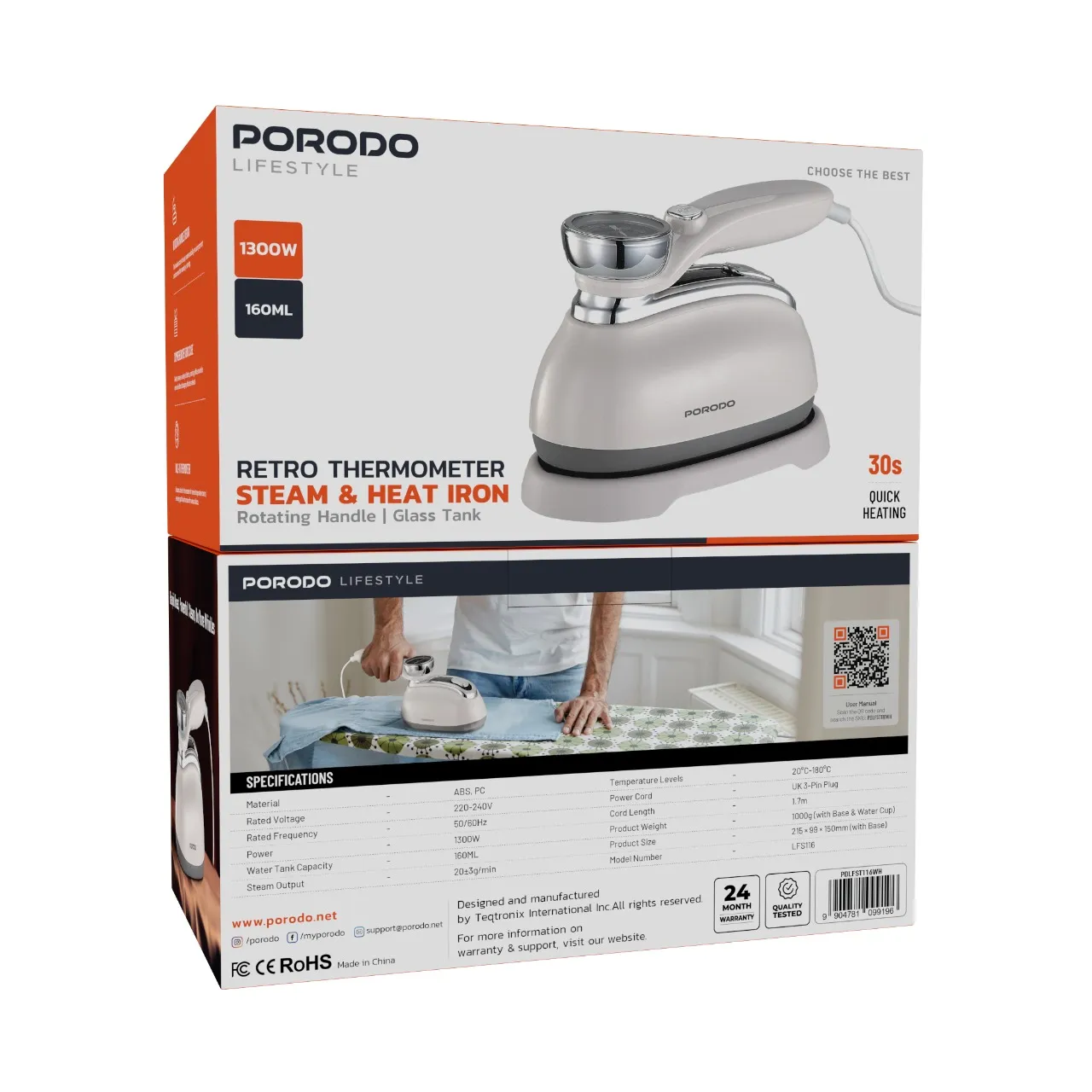 PD-LFST116-WH-5216 Porodo Lifestyle Retro Thermometer Steam Heat Iron-White - Image 1