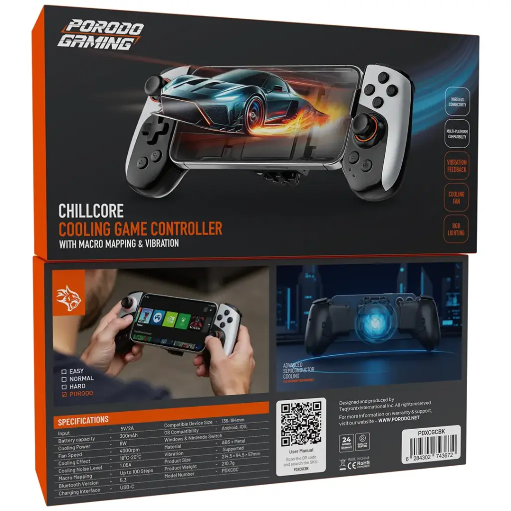 Porodo Gaming Chillcore Cooling Game Controller with Macro Mapping & Vibration - Black Porodo Gaming Chillcore Cooling Game Controller-Black - Image 1