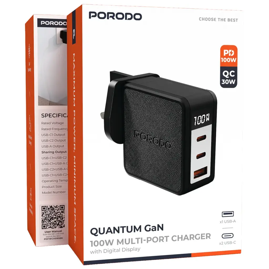 Porodo Quantum GaN 100W Multi-Port Charger with Digital Display - Black Porodo Quantum GaN 100W Multi-Port Charger with Digital Display - Image 1